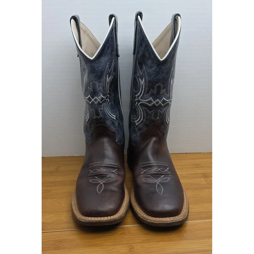 Old West Youth Unisex Broad Square Brown Blue Leather Cowboy Boots 1914 5D